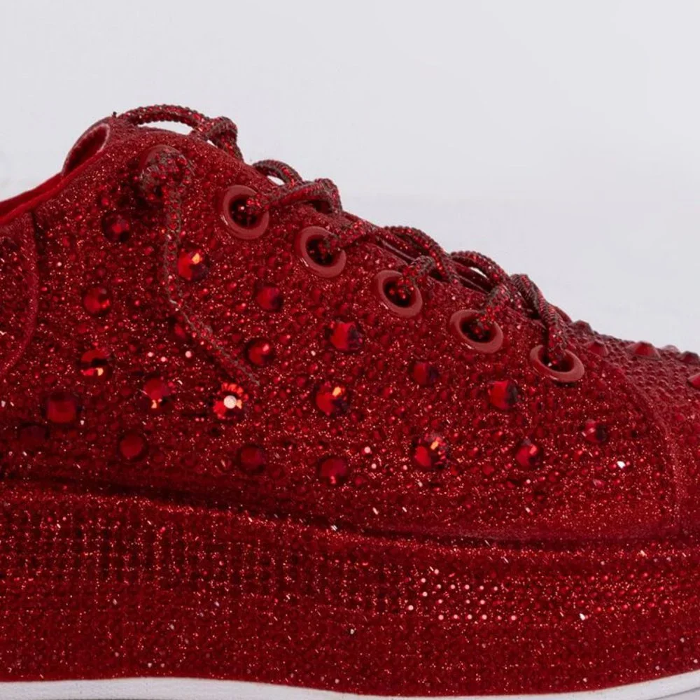 AZALEA WANG BLINGED OUT FLAT SNEAKER IN RED - Picture 2 of 8
